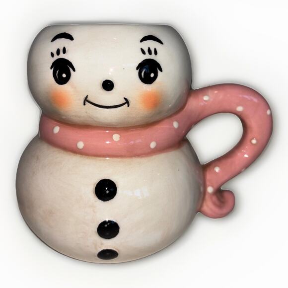Johanna Parker Pink Pastel Snowman Christmas Mug Cup Ceramic Polka Dots 5" NEW - Picture 1 of 3